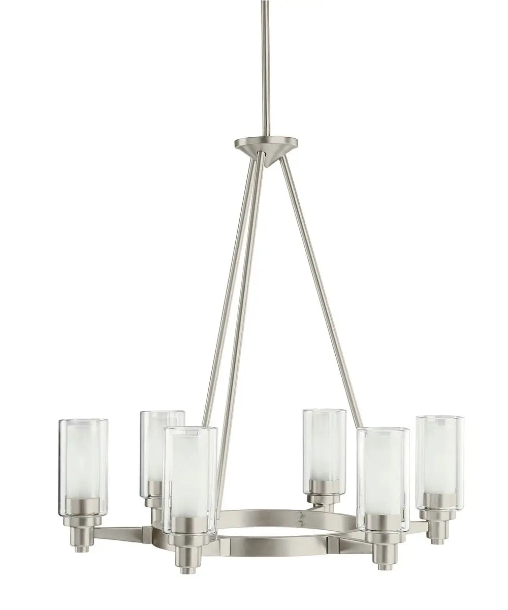 26"w Circolo 6-Light Circular Chandelier Light Brushed Nickel Finish, Clear Etched Glass Shades