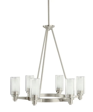 26"w Circolo 6-Light Circular Chandelier Light Brushed Nickel Finish, Clear Etched Glass Shades