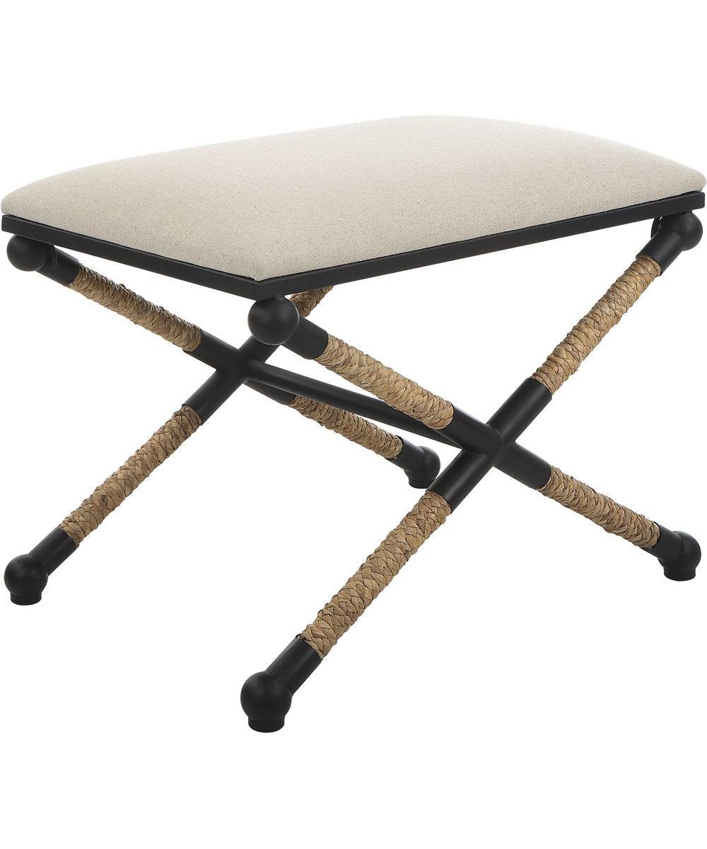 Casual Bench with Iron Frame in Satin Black and Braided Straw