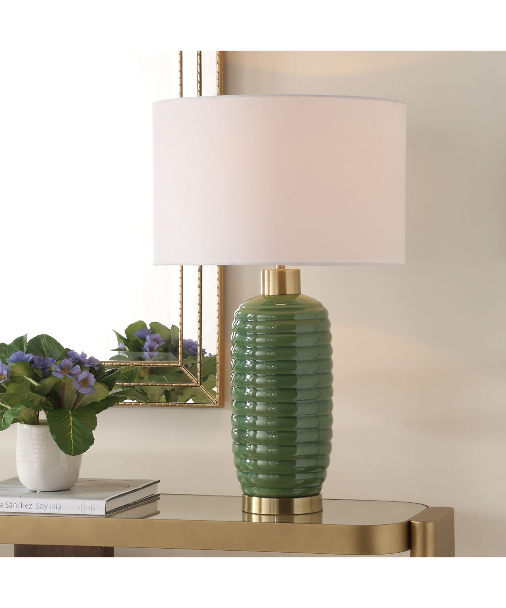 Table Lamp Ceramic in Olive Green with Antique Brass Accents