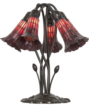 16" High Stained Tiffany Glass Pond Lily 5 Light Table Lamp Red