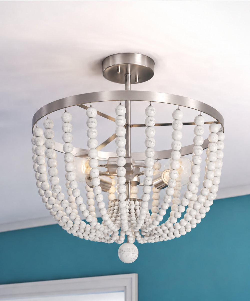 Dumas 16"W 3-Light Brushed Steel Finish Weathered White Wood Bead Semi Flush by KenroyHome