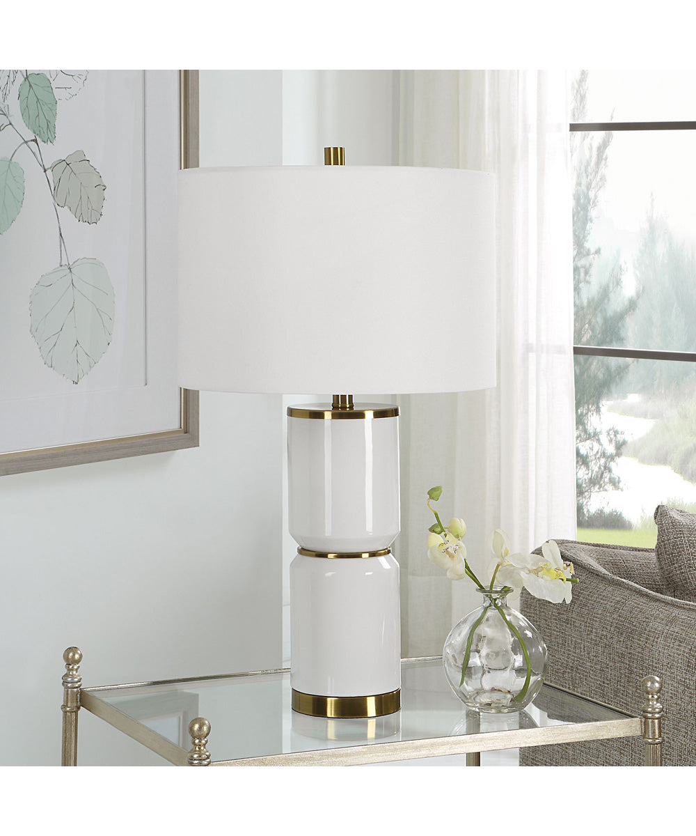Ceramic Table Lamp in White Gloss and Gold with White Linen