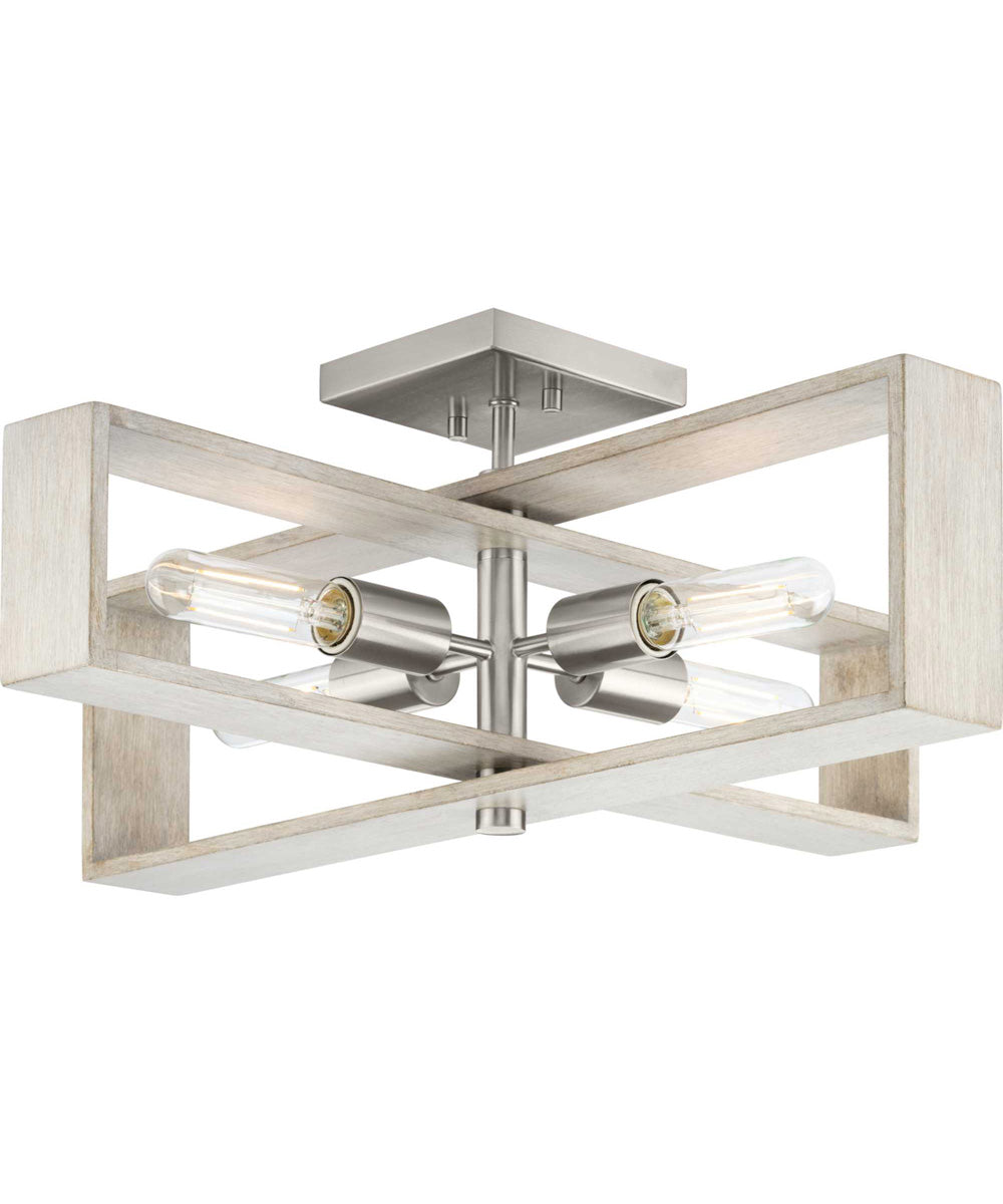Boundary 24 in. 4-Light Grey Washed Oak Modern Flush Mount Light Brushed Nickel
