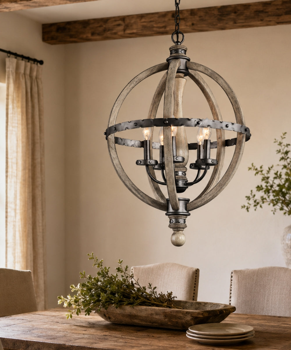 20"w Evan 5-Light Chandelier Light Distressed Antique Gray Wood Finish with Anvil Iron Accents