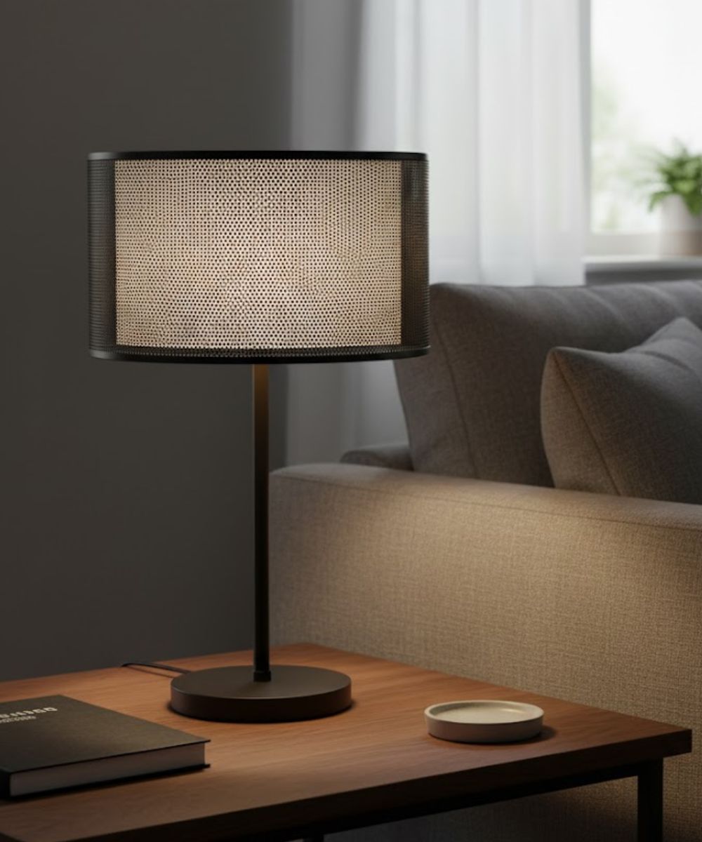 16x16x10 Perforated Metal ORB/White Linen Double Drum Hardback Lampshade