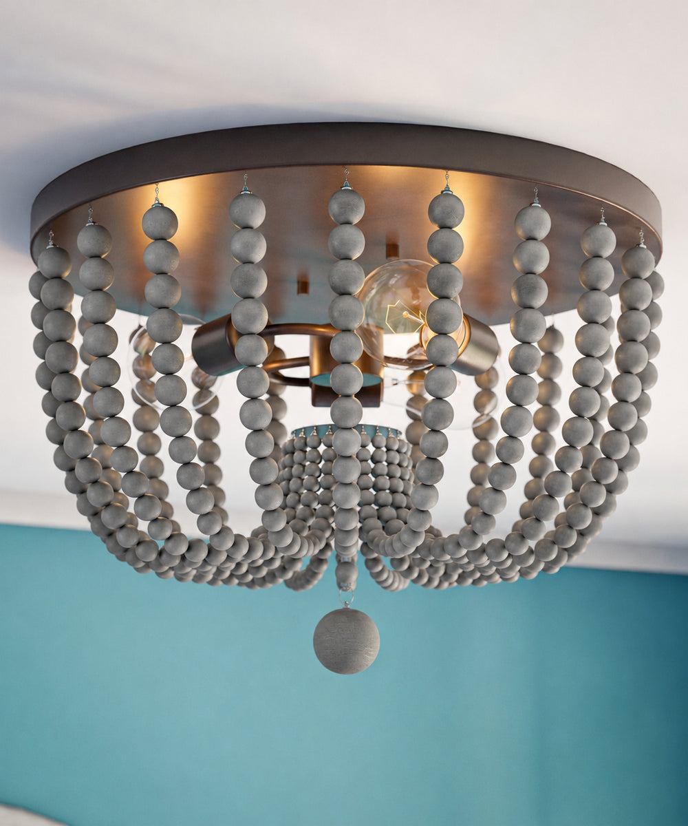Dumas 16"W 3-Light Golden Bronze Finish Distressed Gray Wood Bead Flushmount by KenroyHome