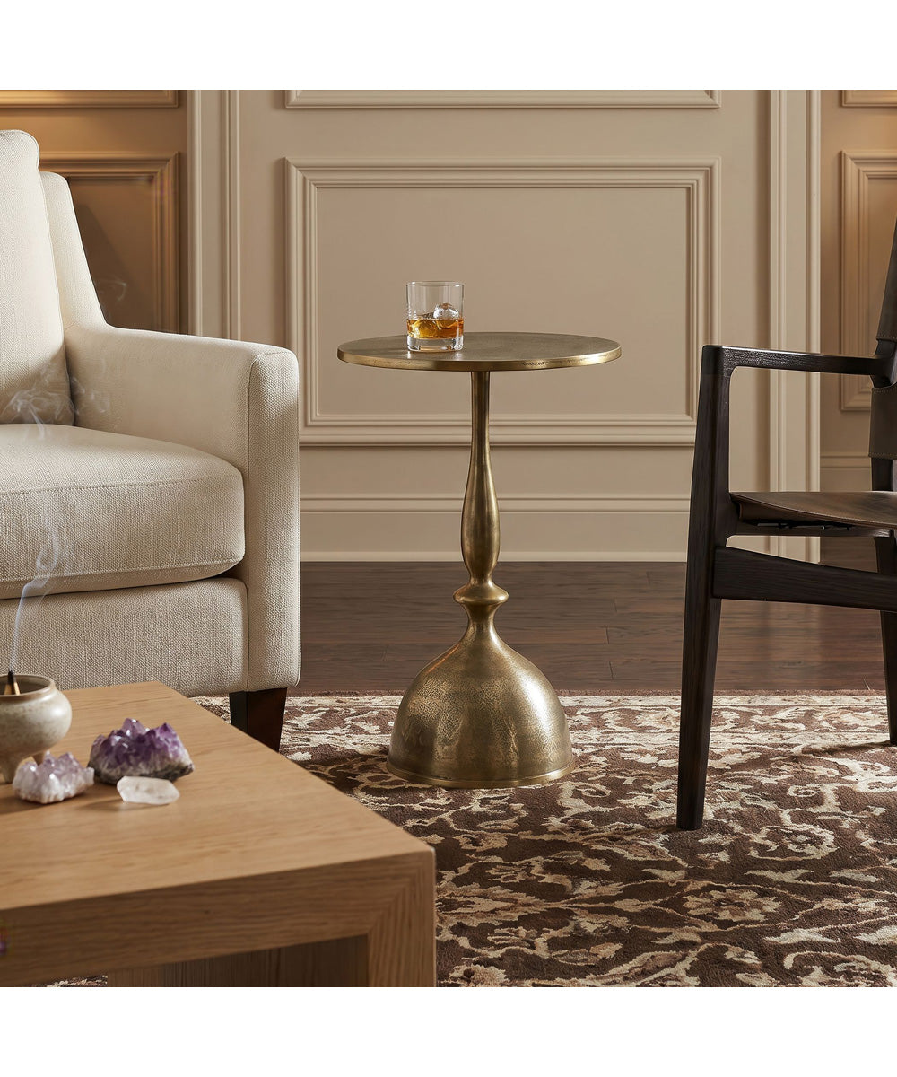 Round Accent Table with Turned Pedestal in Antique Brass