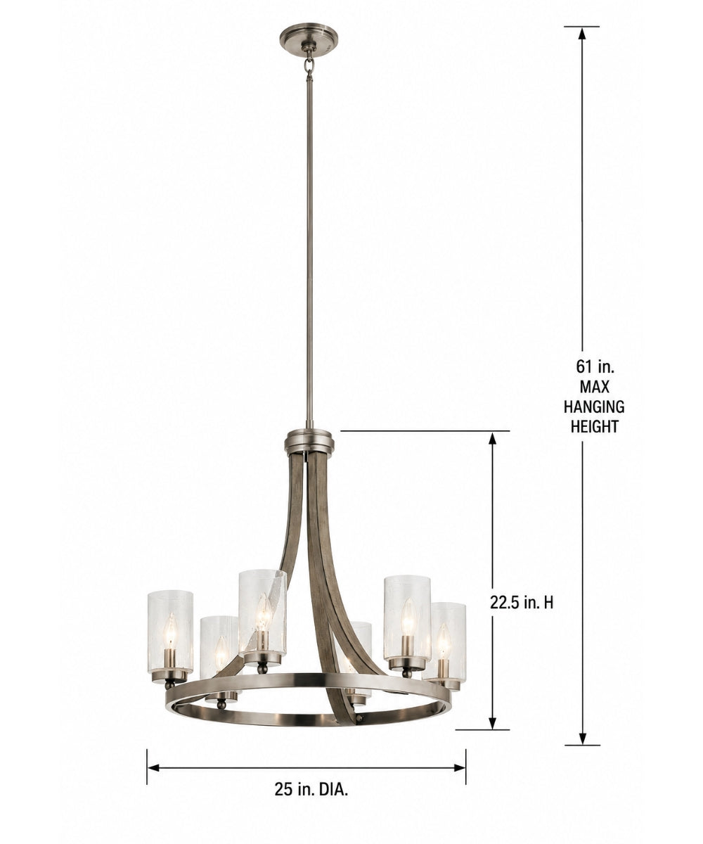 25"w Grand Bank Wood 6-Light Chandelier Light Distressed Antique Gray Finish, Clear Seeded Glass Shade