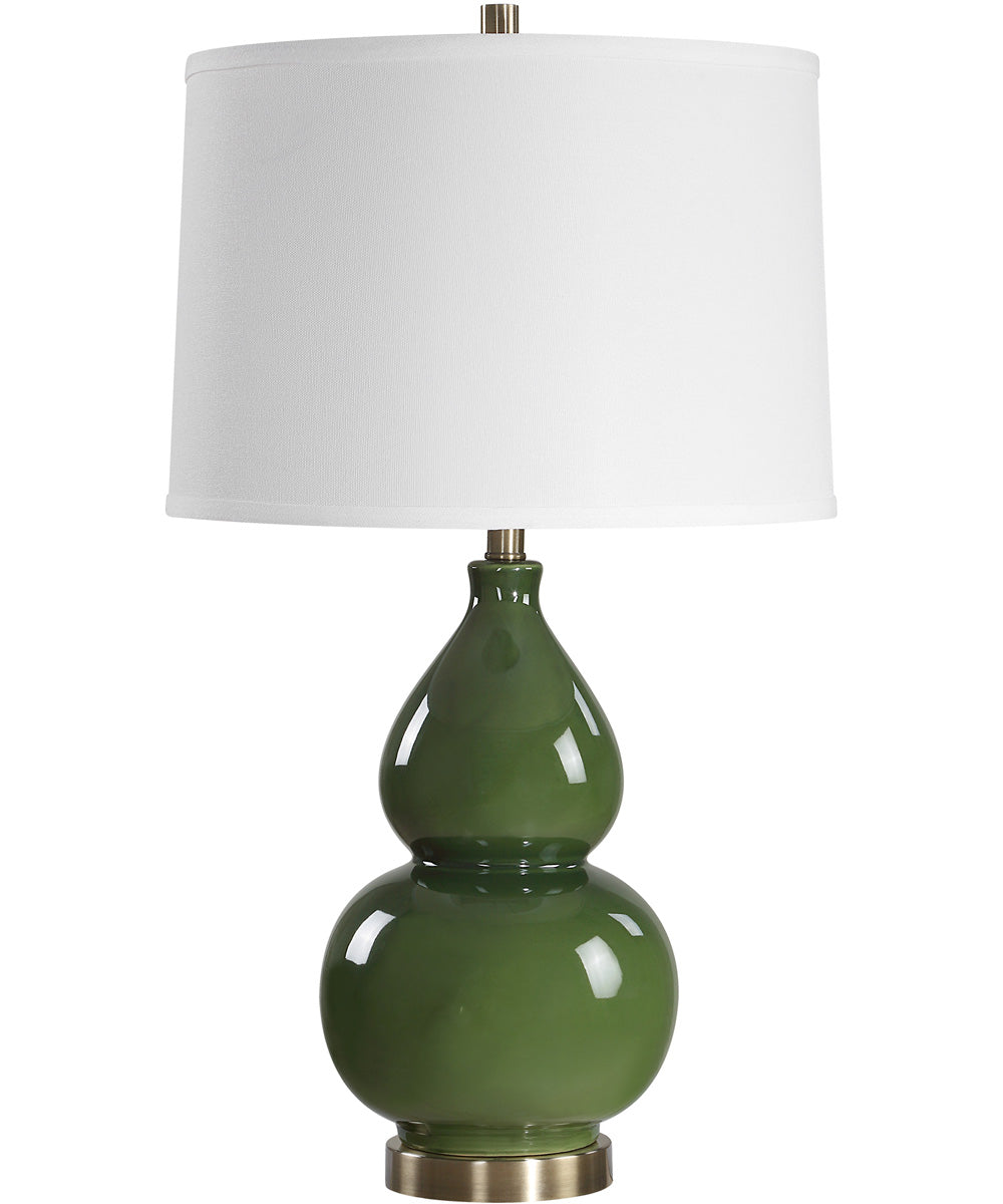 Ceramic Gourd Table Lamp with Dark Green Glaze with White Linen