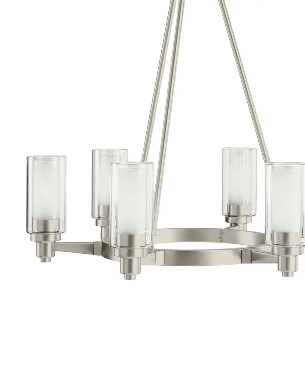26"w Circolo 6-Light Circular Chandelier Light Brushed Nickel Finish, Clear Etched Glass Shades