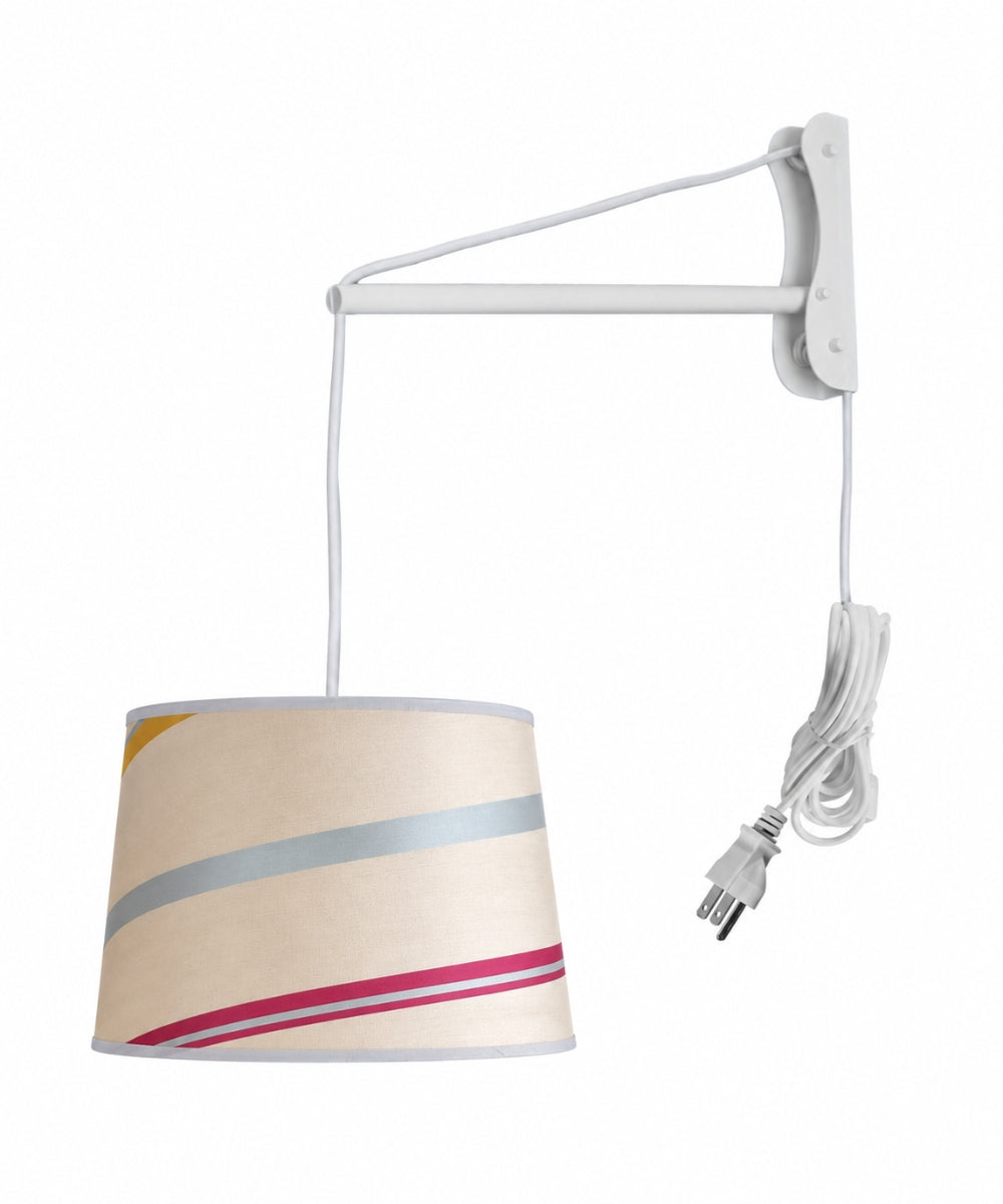 MAST Plug-In Wall Mount Pendant, 1 Light White Cord/Arm, 14" Juliette Striped Raw Silk Drum Shade