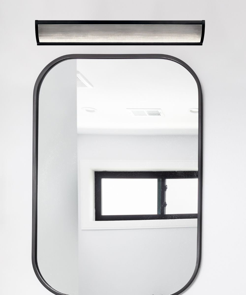 Roone 34"W 1-Light LED  Vanity Bath Light Matte Black Finish, Clear Ribbed Shade by Kichler