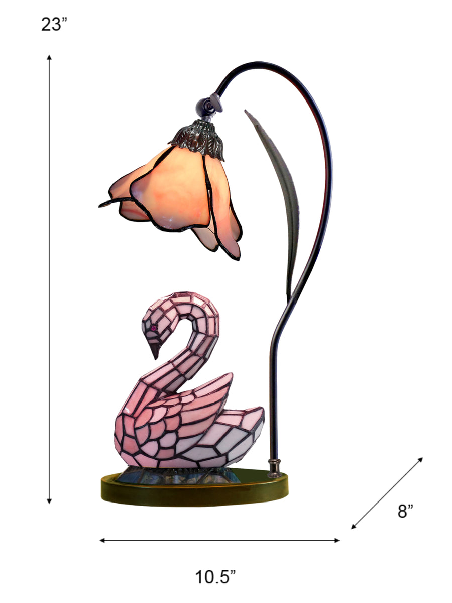 Poelking Swan 23 Inch  Tall Handmade Tiffany Accent Lamp With Lighted Base