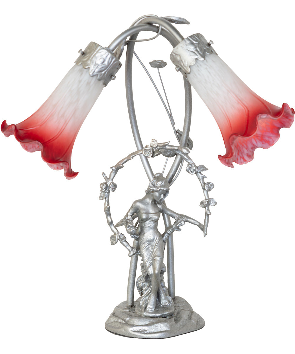 16" High Pink/White Tiffany Pond Lily 2 Light Trellis Girl Accent Lamp