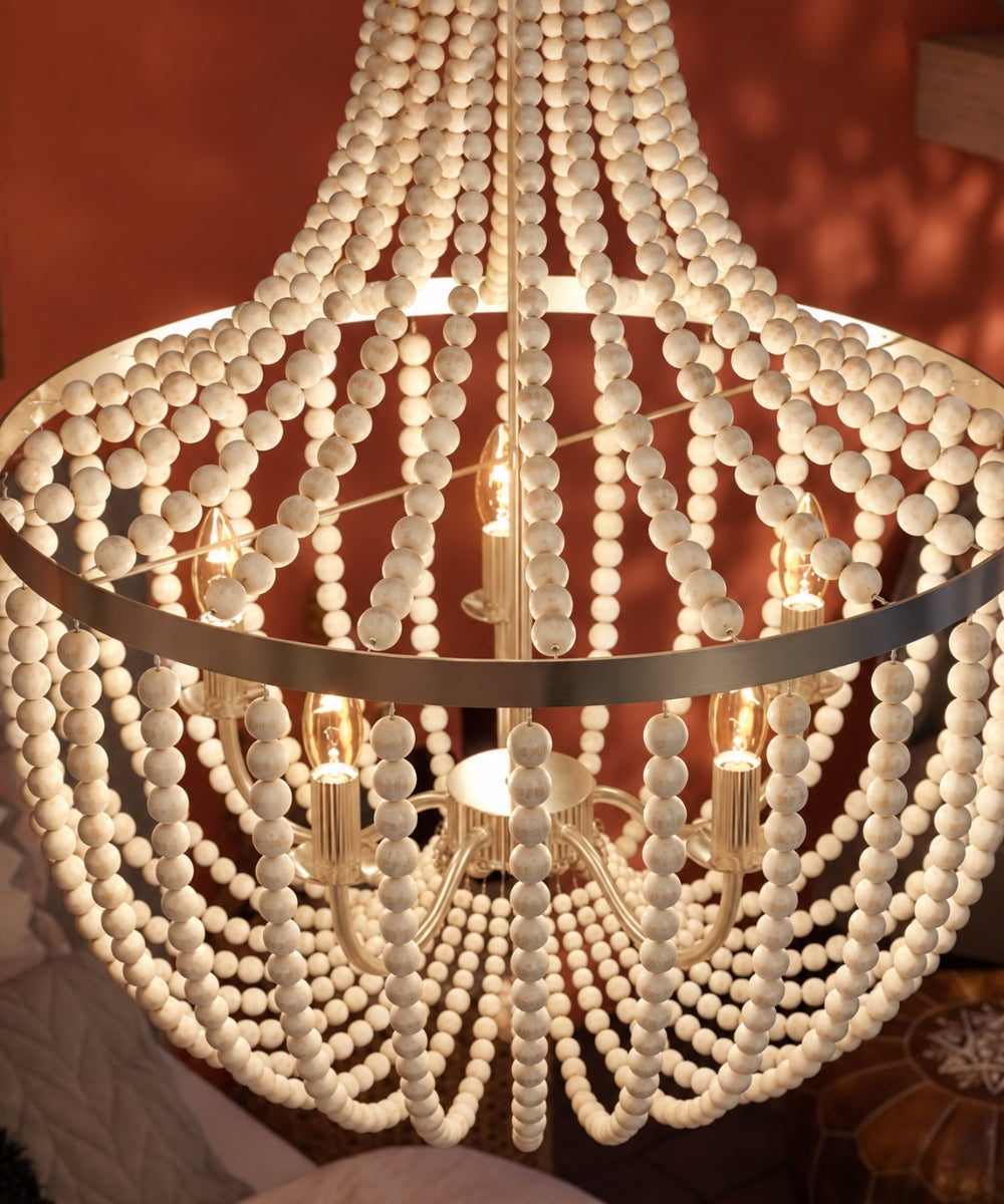 Dumas 22"W 5-Light Brushed Steel Finish Weathered White Wood Bead Chandelier by KenroyHome