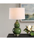 Ceramic Gourd Table Lamp with Dark Green Glaze with White Linen