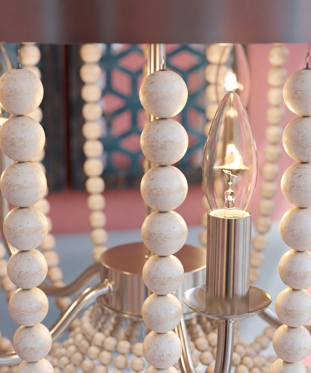 Dumas 22"W 5-Light Brushed Steel Finish Weathered White Wood Bead Chandelier by KenroyHome