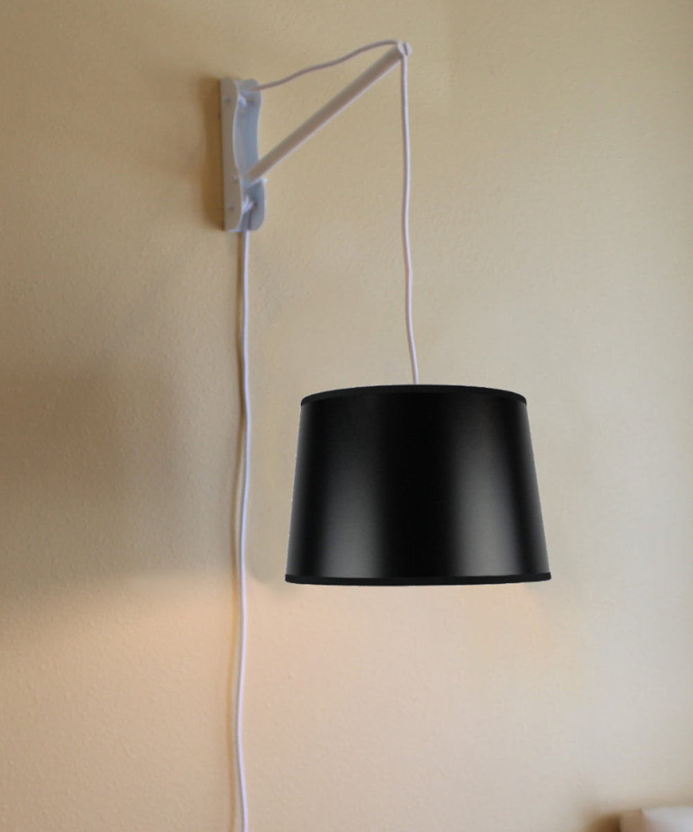 MAST Plug-In Wall Mount Pendant, 1 Light White Cord/Arm, Black Shallow Drum Shade 10x12x08