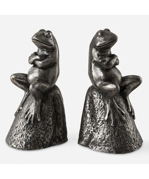 Daydreaming Frogs Aged Silver Bookends, Set of 2