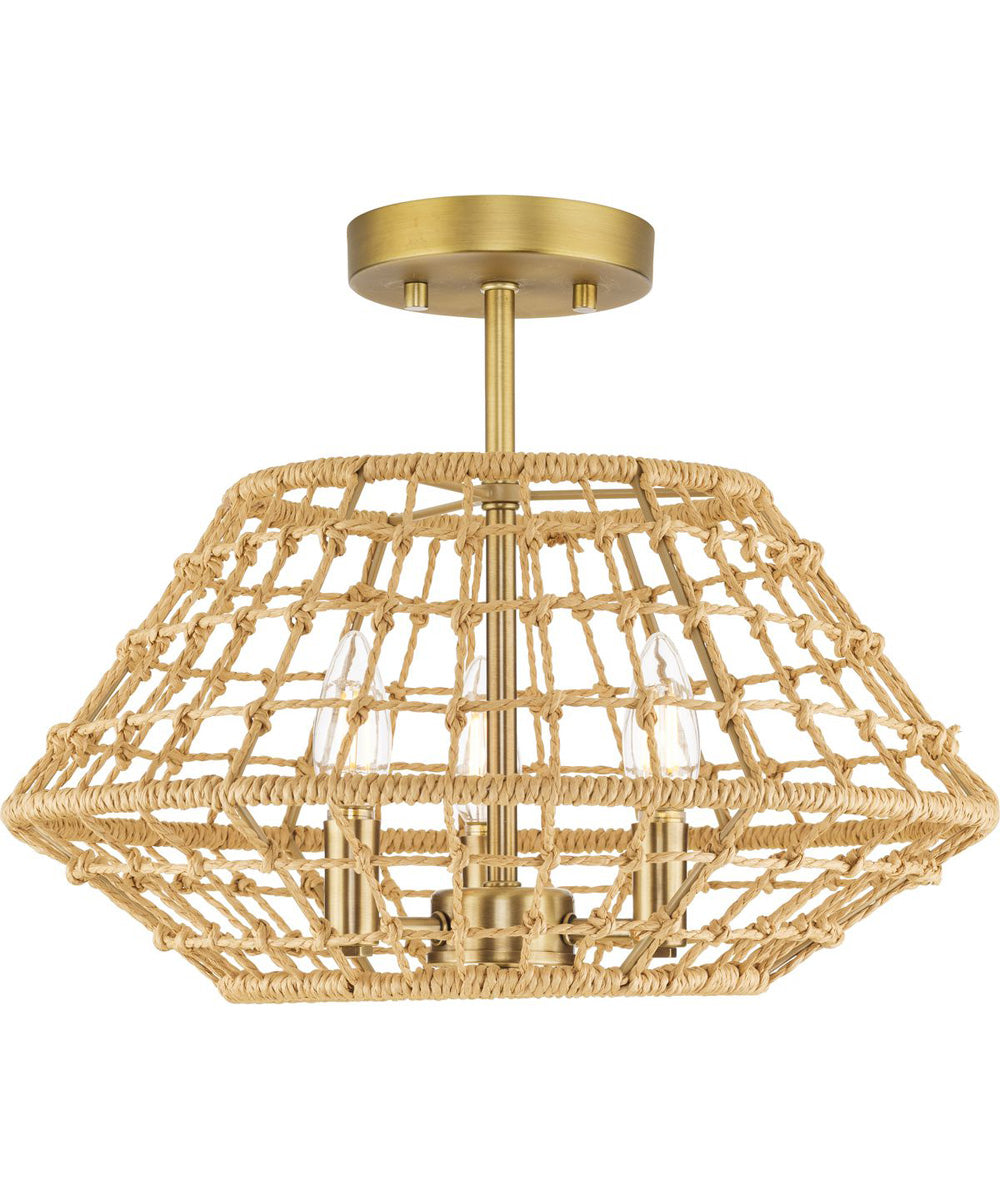 Laila 16 in. 3-Light Semi-Flush Convertible with Woven Jute Accents Vintage Brass