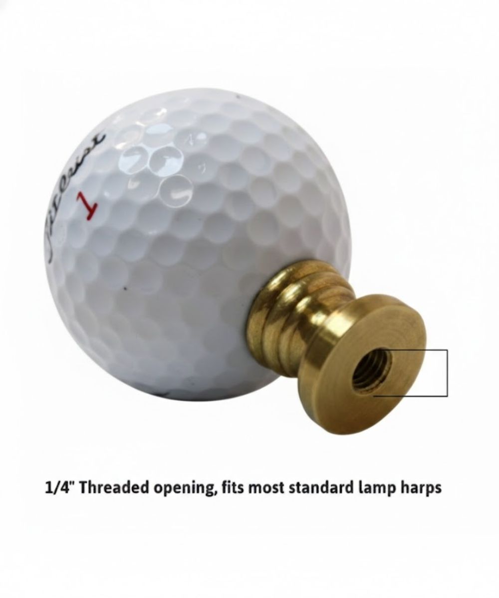 Golf Ball Lamp Finial, White, Polished Brass Base 2.25"h