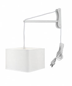 MAST Plug-In Wall Mount Pendant, 2 Light White Cord/Arm with Diffuser, Rounded Corner Square White Drum Shade 12"W