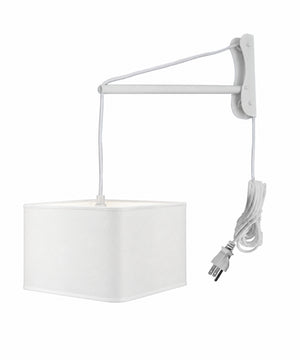MAST Plug-In Wall Mount Pendant, 2 Light White Cord/Arm with Diffuser, Rounded Corner Square White Drum Shade 12"W
