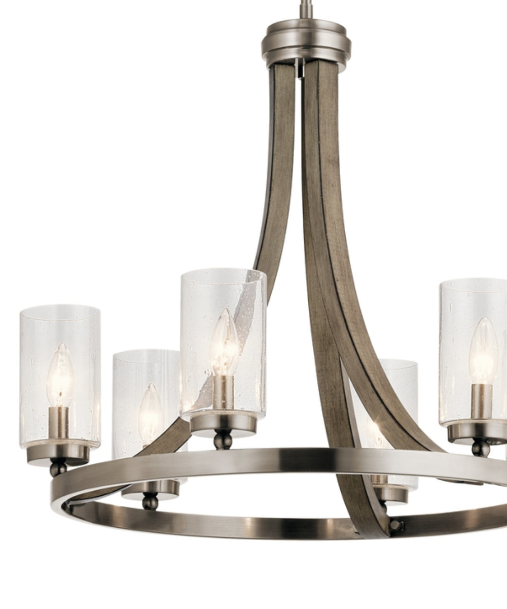 25"w Grand Bank Wood 6-Light Chandelier Light Distressed Antique Gray Finish, Clear Seeded Glass Shade