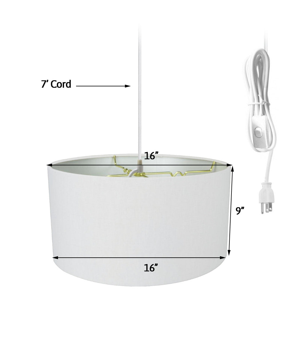 16"W 1 Light Swag Plug-In Pendant  White Linen Drum Shade White Cord
