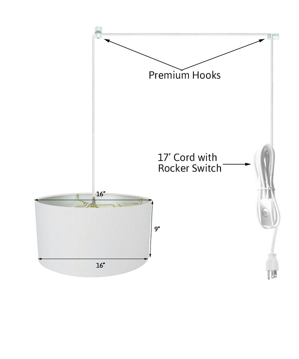 16"W 1 Light Swag Plug-In Pendant  White Linen Drum Shade White Cord