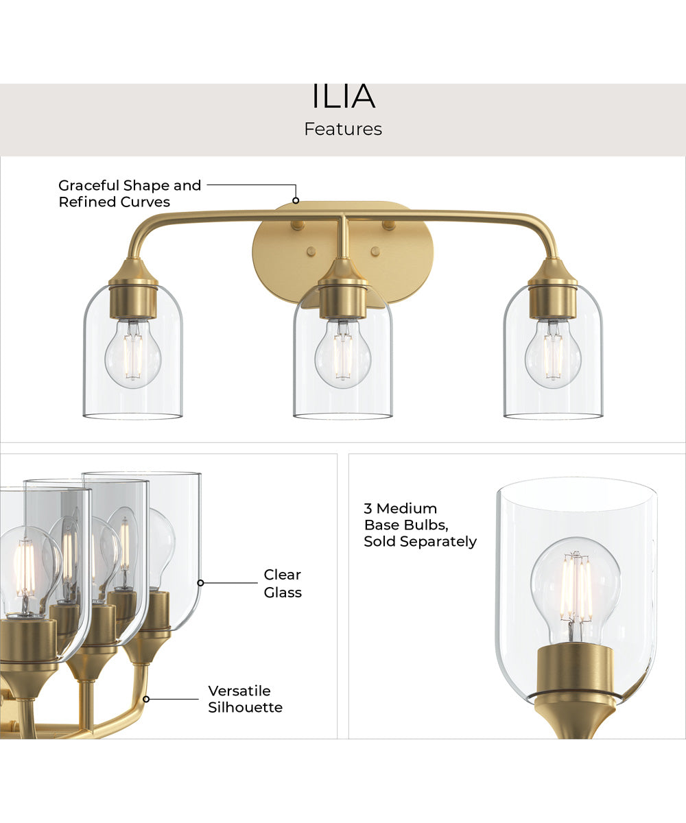 Ilia 3-Light Bath Vanity with Clear Glass Shade Brushed Gold