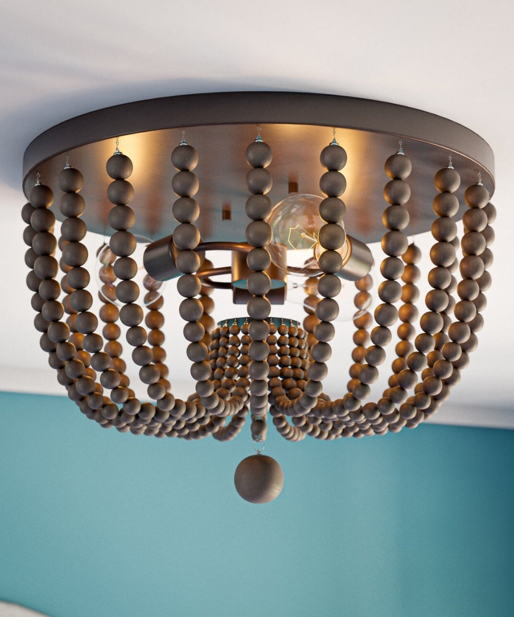Dumas 16"W 3-Light Golden Bronze Finish Distressed Gray Wood Bead Flushmount by KenroyHome
