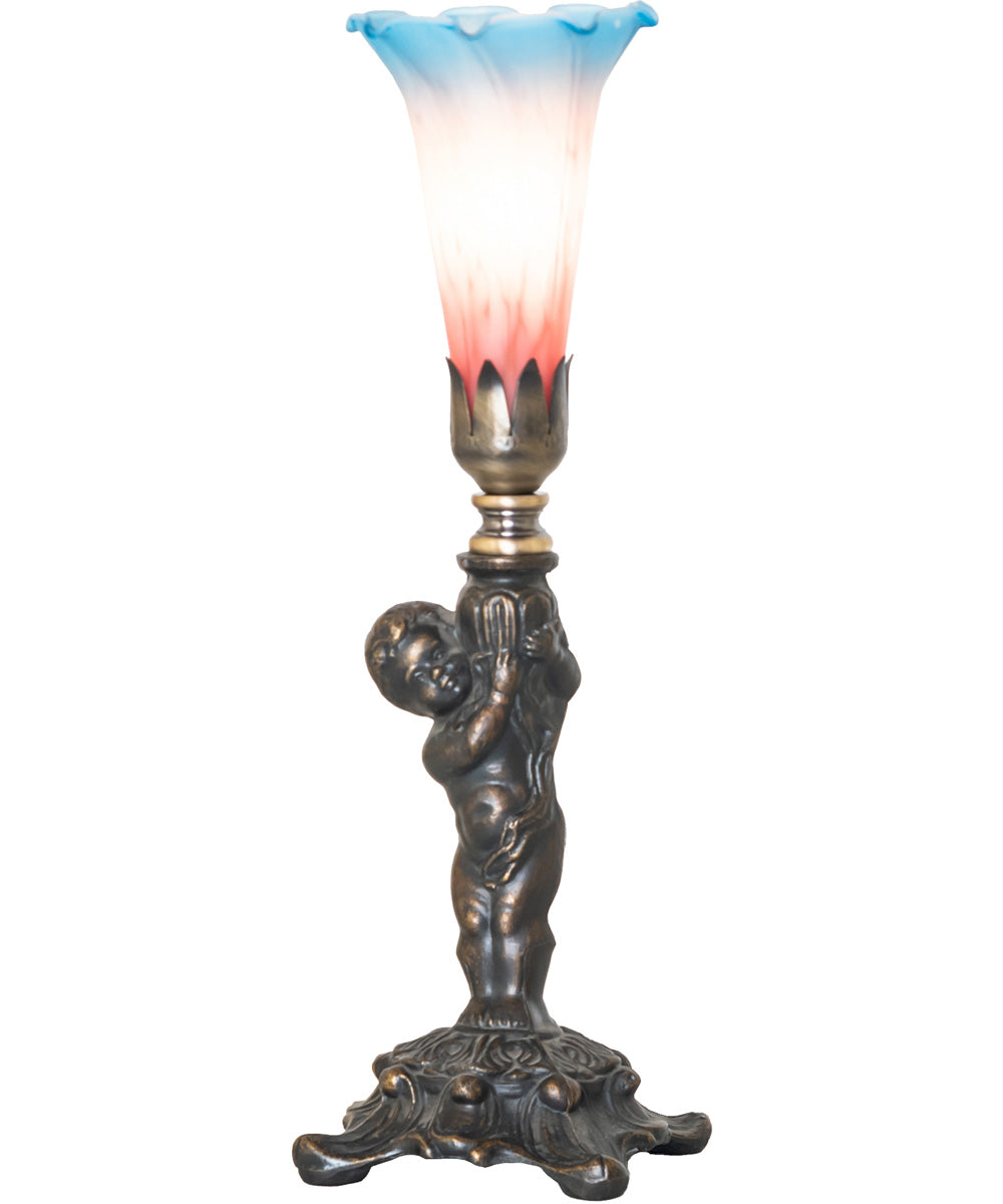 12" High Pink/Blue Tiffany Pond Lily Cherub Mini Lamp