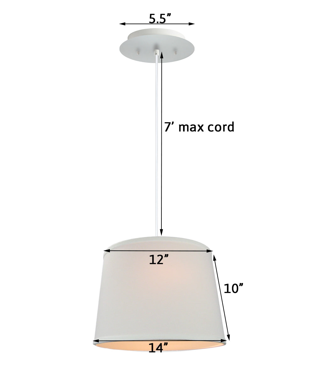 14" W 2 Light Pendant White Linen Shade with Diffuser, White Cord