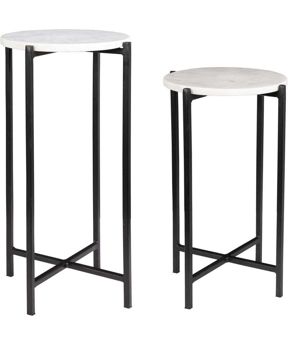 Set of 2 Tables with White Marble and Iron Black