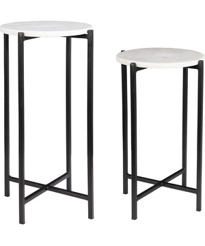 Set of 2 Tables with White Marble and Iron Black