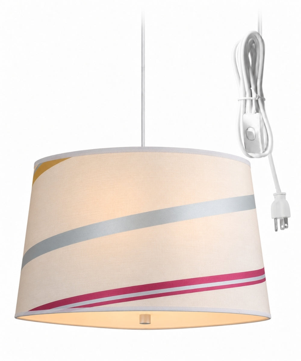 2 Light Swag Plug-In Pendant 14"w Juliette Striped Raw Silk Drum Shade with Diffuser, White Cord
