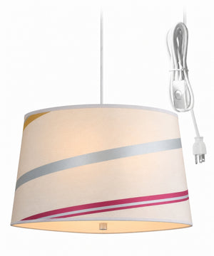 2 Light Swag Plug-In Pendant 14"w Juliette Striped Raw Silk Drum Shade with Diffuser, White Cord