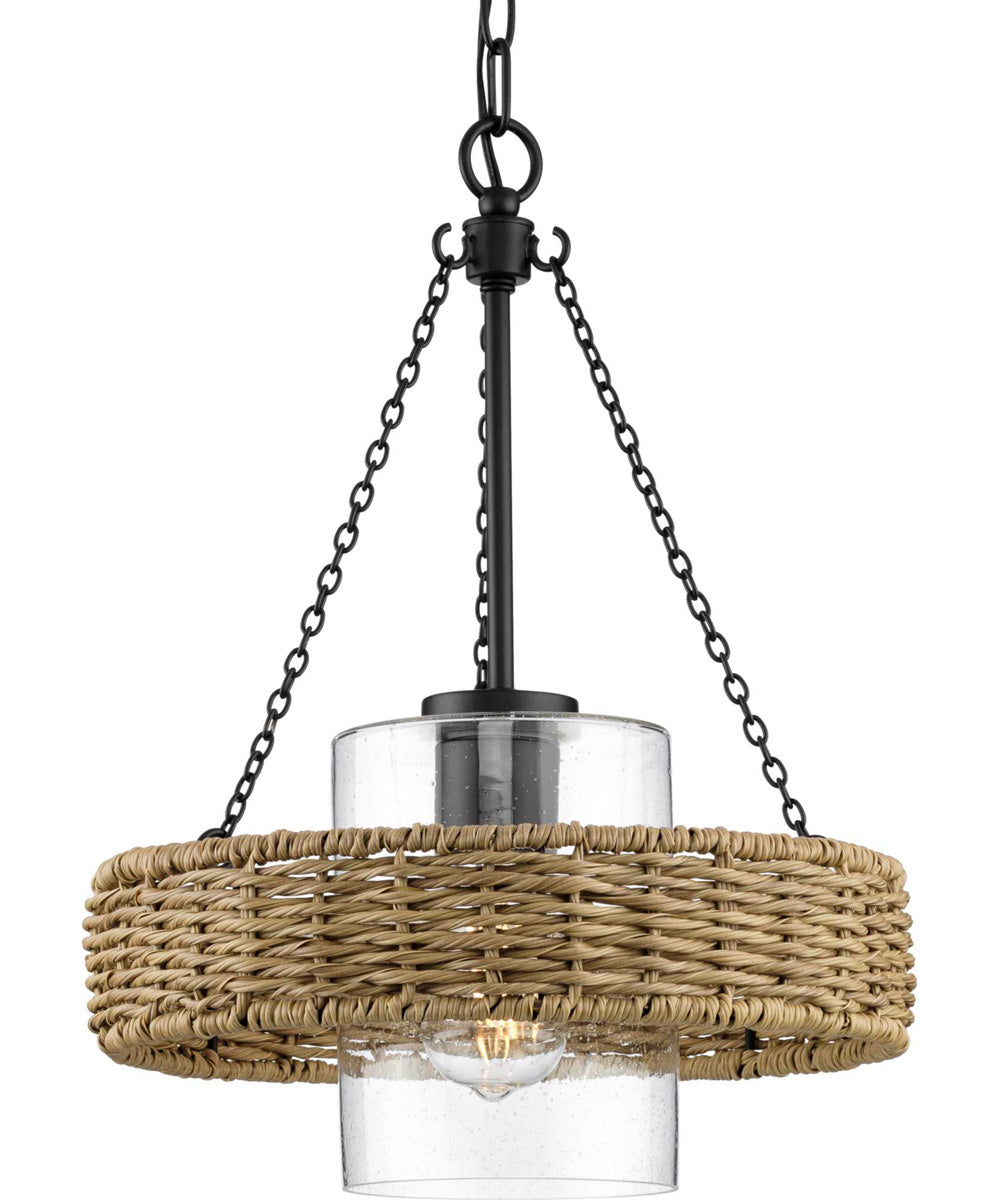 Pembroke 1-Light 18.5" Coastal Outdoor Pendant with Mocha Rattan Accents Seeded Glass Shade Matte Black