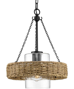 Pembroke 1-Light 18.5" Coastal Outdoor Pendant with Mocha Rattan Accents Seeded Glass Shade Matte Black