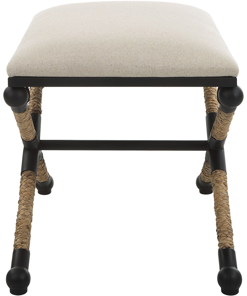 Casual Bench with Iron Frame in Satin Black and Braided Straw