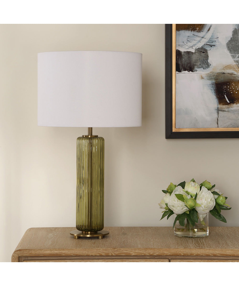 Table Lamp with Transparent Olive Green Glsas and Brass Plated Accents
