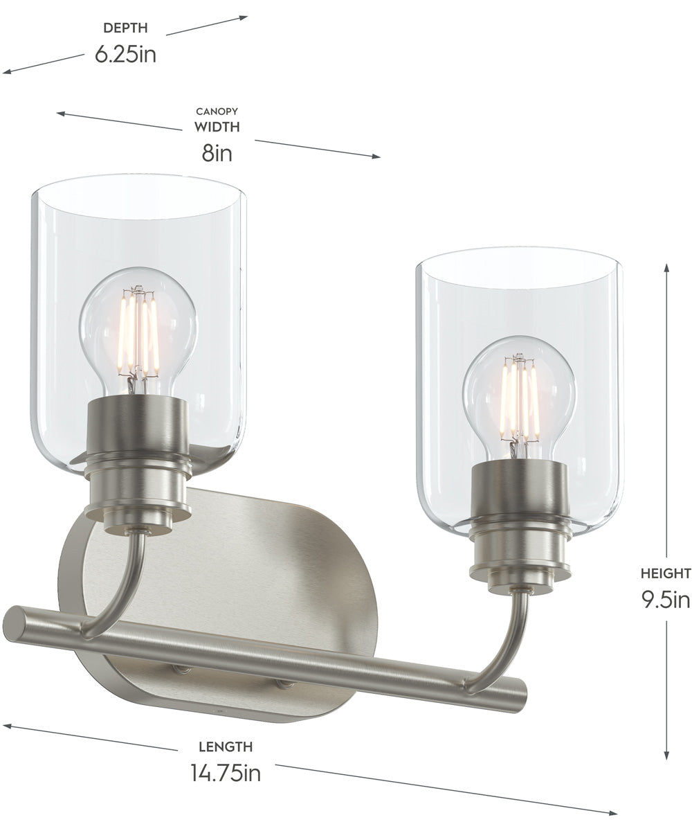 Reines 2-Light Bath Vanity with Clear Glass Shades Brushed Nickel