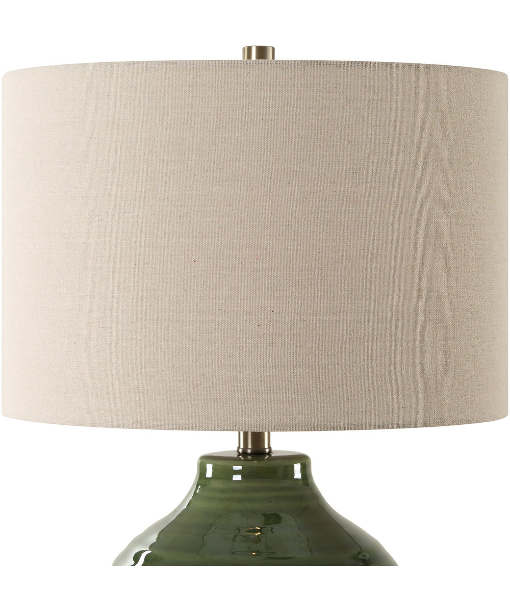 Ceramic Table Lamp Textured Moss Green and Beige Linen