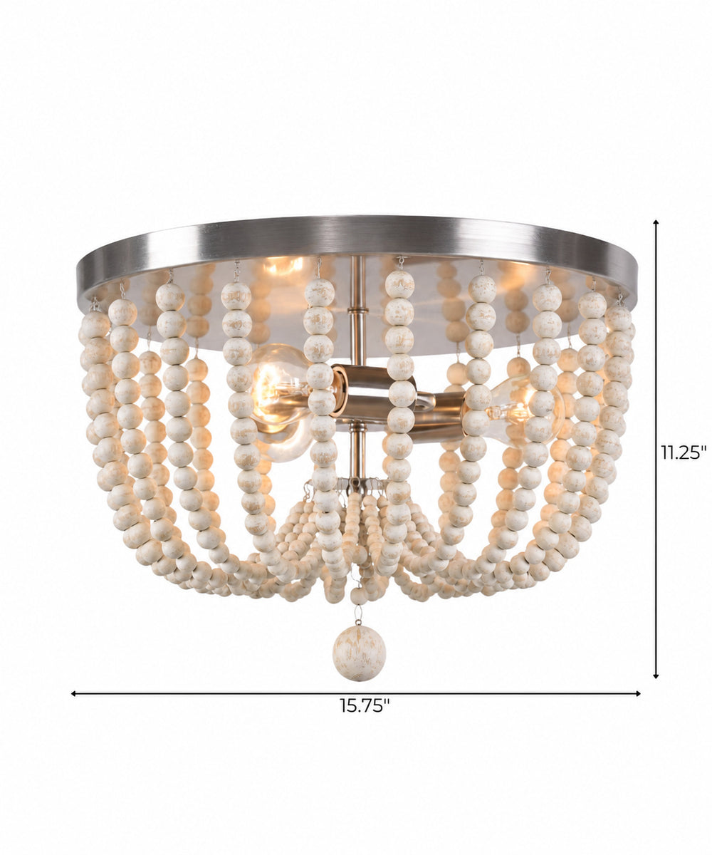 Dumas 16"W 3-Light Brushed Steel Finish Weathered White Wood Bead Flushmount by KenroyHome
