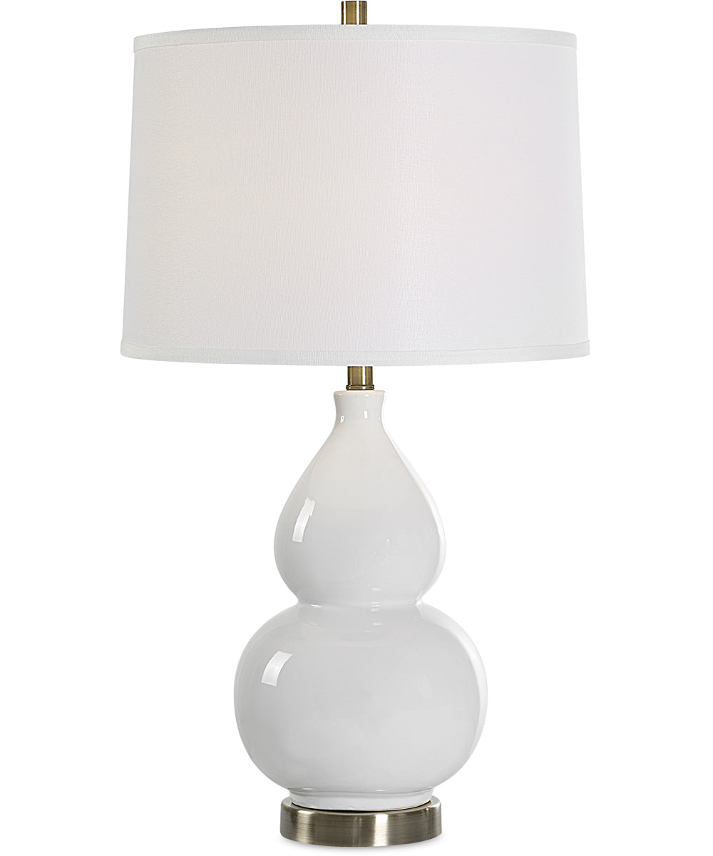 Ceramic Gourd Table Lamp in White with White Linen