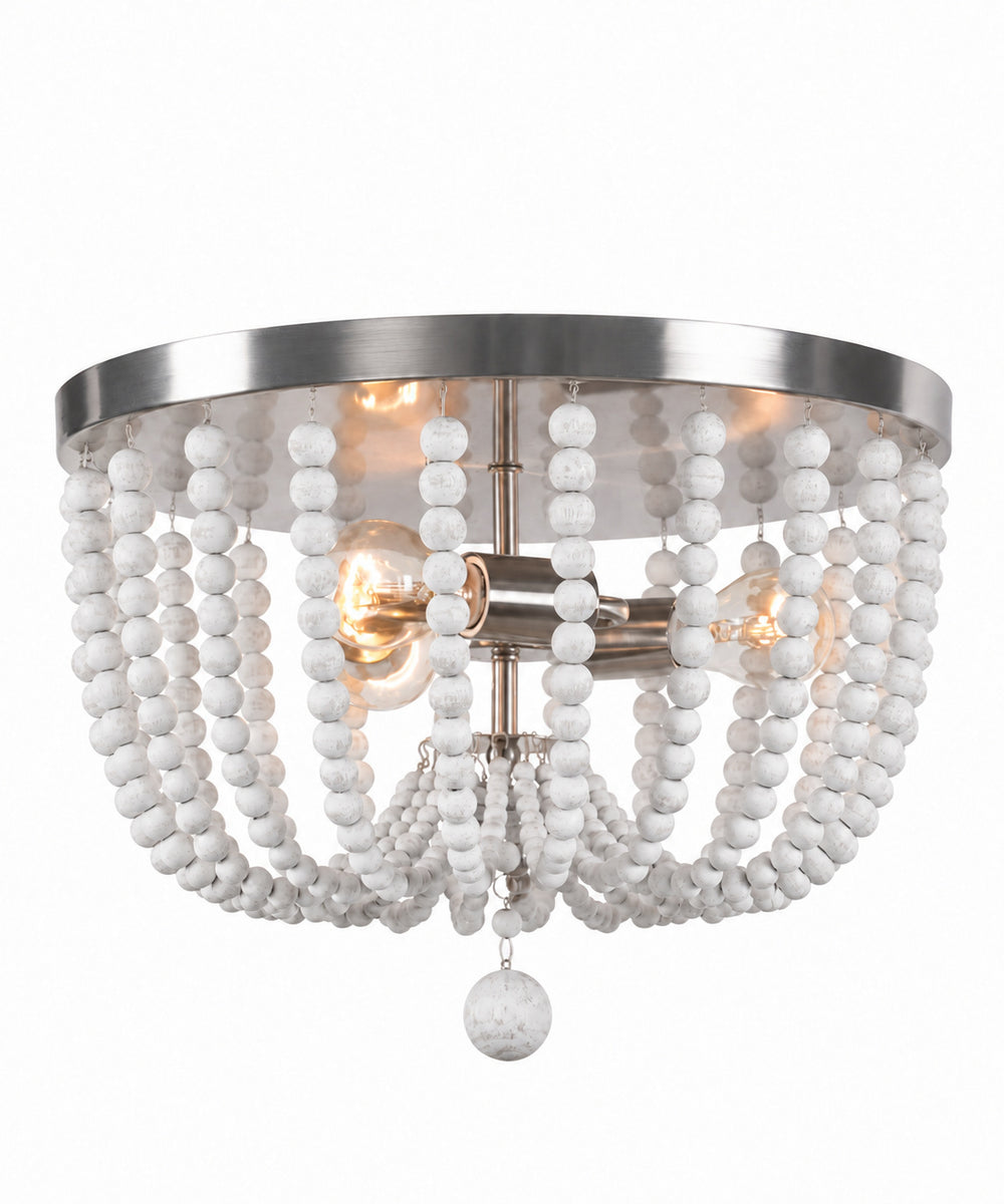 Dumas 16"W 3-Light Brushed Steel Finish Weathered White Wood Bead Flushmount by KenroyHome