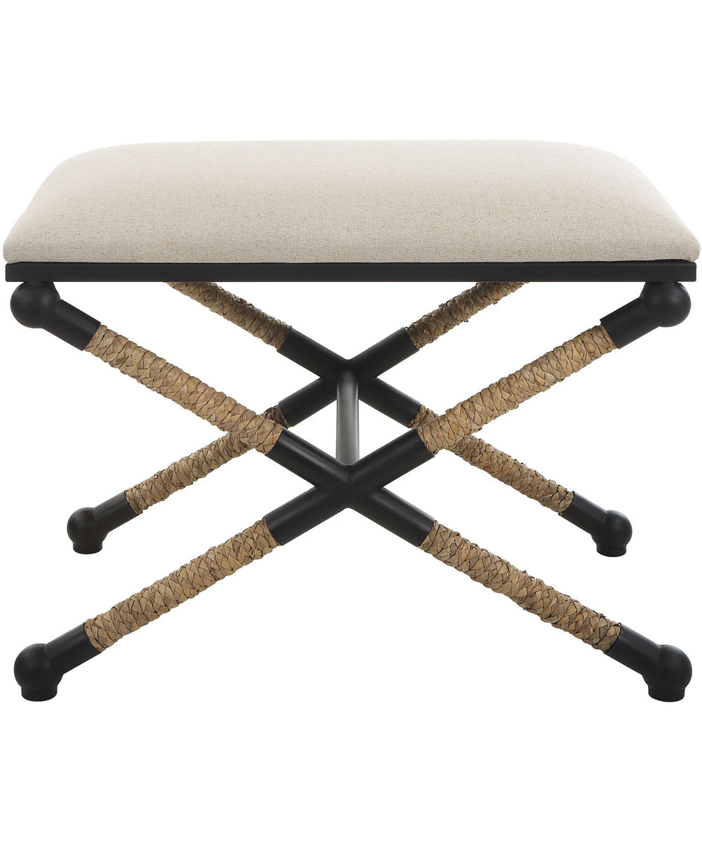 Casual Bench with Iron Frame in Satin Black and Braided Straw