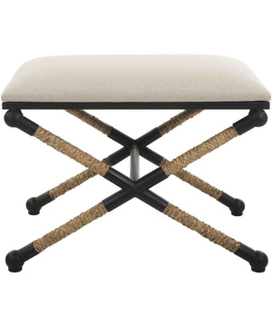 Casual Bench with Iron Frame in Satin Black and Braided Straw
